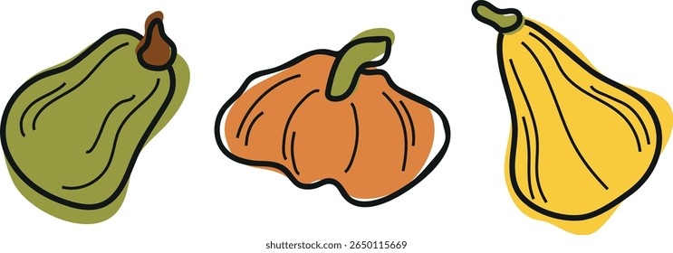 set of cute simple icons of various pumpkins of different shapes and colors, for autumn holidays, advertising and seasonal packaging