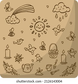 A set of cute simple illustrations for the Easter holiday, vintage vector drawings on a beige background