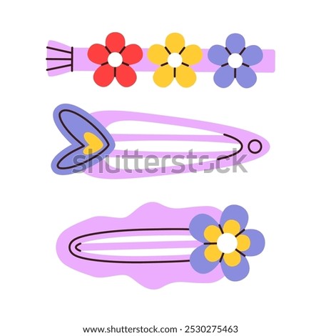 Set of cute simple kid hair clip. Vector hand drawn flat illustration.