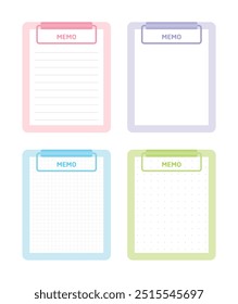 Un conjunto de lindas y simples ilustraciones de memo, carpeta de archivos de notas. Los formatos de la nota están alineados, punteados, en blanco y en cuadrícula.