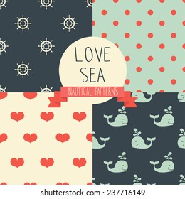 set of cute simple nautical pattern, marine seamless backgrounds, vector illustration
