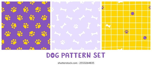 Set of cute simple patterns for dogs. Seamless vector doodle prints collection for puppies goods.