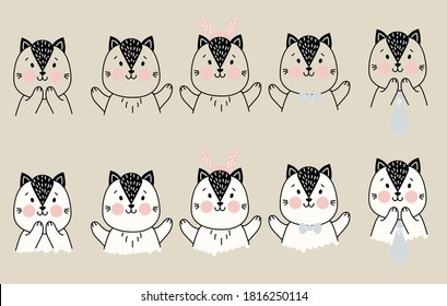 Set of cute simple pets. A cat with different gestures of delight and joy, and items of festive decor - Christmas deer antlers, a tie and bow tie. outline. For childrens decor and printing. Vector