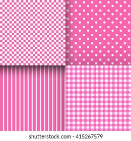 Set of cute simple pink and white patterns. Can be used for wallpaper, pattern fills, webpage backgrounds, wrapping paper or fabric. Vector illustration. EPS 10