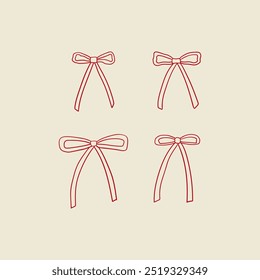 Set of cute simple small outline ribbons. Vector hand drawn illustration of bows. Holiday clipart in retro sketch style