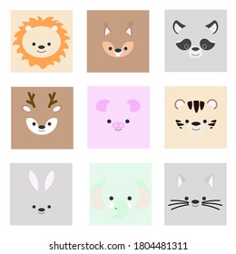 set of cute simple squared animal faces: lion, squirrel, raccoon, deer, pig, tiger, hare, cat, elephant. Vector illustration
