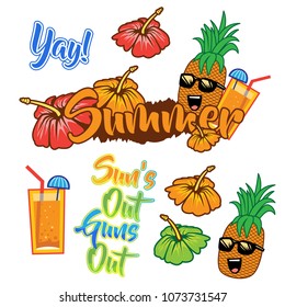 A set of cute simple summer icon illustration. Fun summer typograph, pineapple with sunglasses, tropical drink and flower, sun out guns out.