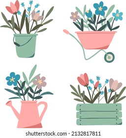 Set of cute and simple trendy flat style illustrations - gardening tools (bucket, watering can, wheelbarrow, planting box) filled with flower bouquets and leaves