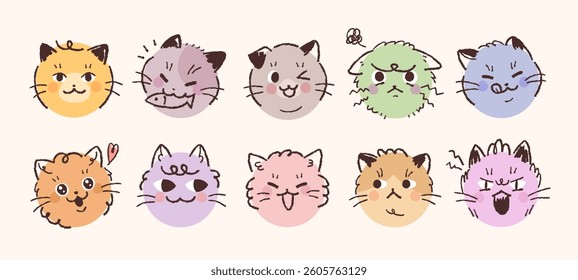 Set of cute and simple various cat face expressions icons hand drawn with pencil on circle.