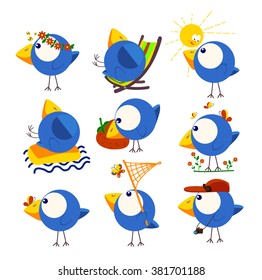 Set of cute simple vector birds. Cute birds. The sun. Water. Flowers. Smiley bird. Summer. Bird design over white background. Smile. Summer. Vector