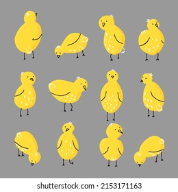set of cute simple yellow chicks in different poses isolated vector hand drawing