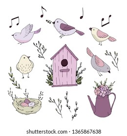Set of cute singing birds.