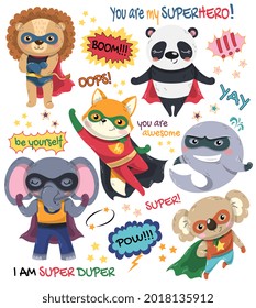 Juego de lindos seis pequeños animales de dibujos animados Super Heroes con elefantes, leones, pandas, ballenas, koala y zorros con gorras y máscaras con texto variado, colorida ilustración plana vectorial sobre fondo blanco