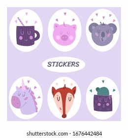 Set of cute six-piece stickers. Vector illustration