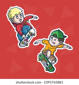 Set of Cute Skater do the skateboard trick Cartoon vector illustration. Skater mascot illustration set.