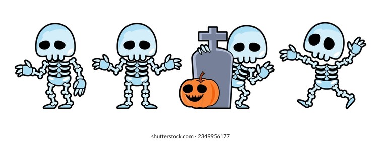 Set of cute Skeleton ghost cartoon characters . Halloween concept . Isolate white background . Vector .