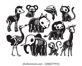 Set of cute skeleton jungle animal. Collection of creepy skull safari wild animals. Halloween pet. Decorative exotic animal. Vector illustration on white background.