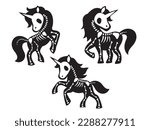 Set of cute skeleton of unicorn skull. Collection of posing skull a magic horse with a horn. Drawing for girls. Creepy unicorn. Halloween. Vector illustration of mythical animals. 