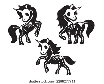 Set of cute skeleton of unicorn skull. Collection of posing skull a magic horse with a horn. Drawing for girls. Creepy unicorn. Halloween. Vector illustration of mythical animals. 