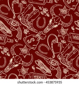 Set of cute sketch dark seamless cowboy accessories. hand-drawn illustration