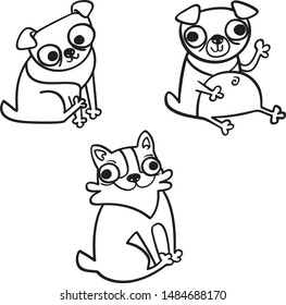 Set of cute sketch outline doodle dogs pugs for cards banners and posters dogs. Funny dog happy pug illustration set of isolated vector drawings.