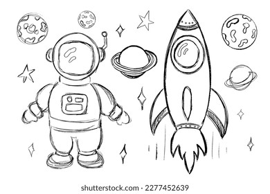 Set of cute sketch planets, stars, rocket and astronaut isolated on white background. Baby kids design
