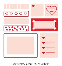 A set of cute sketches, notebooks, task sheets, stickers, bookmarks with hearts. Blank paper notes, to do list for schedule or organizer. Digital notepapers. Vector illustration in flat style