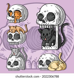 a set of cute skull and cat cartoon mascots with line art engraved style, intended for those of you who like cat images with a spooky or gothic touch, suitable for logo designs, icons or merchandise