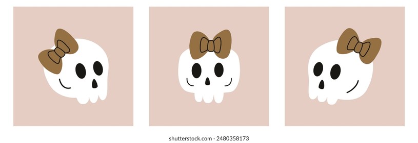 Set of cute skulls with a bow.Front and side view.  Halloween, day of death, Día de los Muertos.