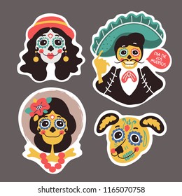 Set of cute skulls. Mexican day of dead. Vector cartoon illustration.