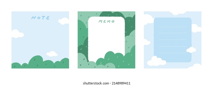 Set Of Cute Sky Garden Notepad Hand Drawn Vector Illustration. Template Paper For Sticker Note, Memo. Cartoon Style. Isolated On White.