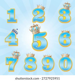 Conjunto de números azul-celeste bonito 0-9 com coroas brilhantes e borda dourada ousada. Perfeito para adesivos de idade, convites, toppers de bolo, sinais de festa, scrapbooking e decoração de crianças DIY.
