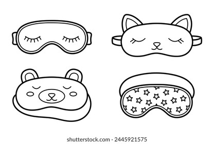 Set of cute sleep masks. Collection of eye accessories for sleep and travel. Doodle sketch style. Isolated vector illustration.