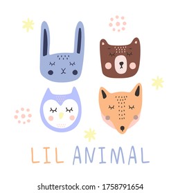 A set of cute sleeping animal faces isolated on a white background. Fox, rabbit, owl and bear vector illustration. It can be used for printing on childrens clothing or other products for children.