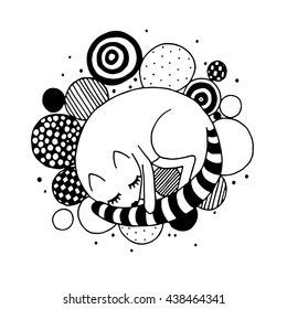 Set of cute sleeping animals: cat, cow, fox, hippo, giraffe. Hand drawn vector black and white illustrations. Funny cartoon, doodle for children. Bedtime colouring page with pattern. Isolated on white