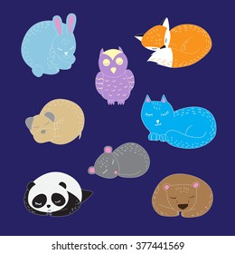 Set of cute sleeping animals. Vector illustration