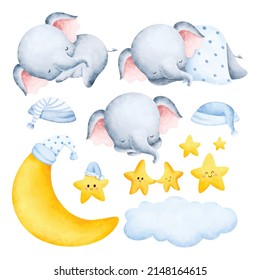 Set of Cute  sleeping baby elephant and good night clipart elements  