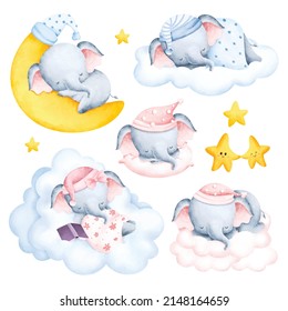 Set of Cute  sleeping baby elephant and stars