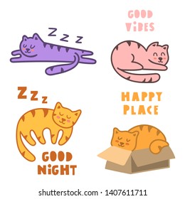 Set of cute sleeping cats. Hand drawn vector lettering illustration for postcard, t shirt, print, kids nursery, stickers, wear, posters design.