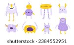 Set of cute sleeping monsters. Vector collection of naive beasts for kids. Pastel doodle monsters bundle for babies.