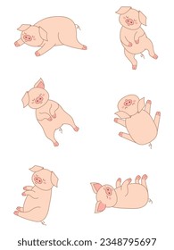 Set of cute sleeping pigs in different poses. Seamless pattern with cartoon cute piglets. Vector flat illustration