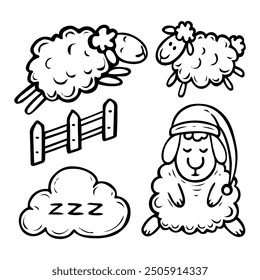 Set cute sleeping sheep hand drawn doodle. Children plush toy. Time to sleep. Good night. Vector outline line art illustration.