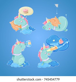 A set of a cute sleeping unicorn. The horse has a dream about a birthday and presents. Collection of colorful happy animals on blue background. Vector illustration in cartoon style