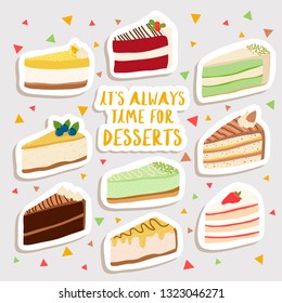 set with cute slices of cakes stickers in cartoon style. birthday party decoraion set