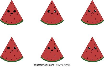 Set of cute slices of watermelon of different emotions.