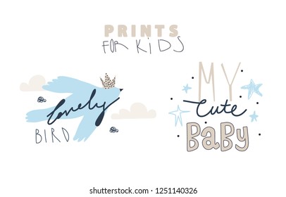 Set of cute slogans and illustrations for kids. Typography slogans for tee shirt. Vector graphic for tee printing. EPS10.