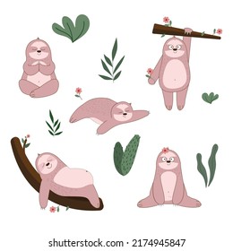 Set of cute Sloth animal vector illustration 