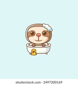 set Cute sloth bathing time in bathtub kawaii chibi character mascot illustration outline style design