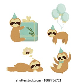 Set cute sloth characters, birthday, greeting concept. Bright and colourful bear isolated on white background with funny hat, bow, present and balloons. Clipart in cartoon style.