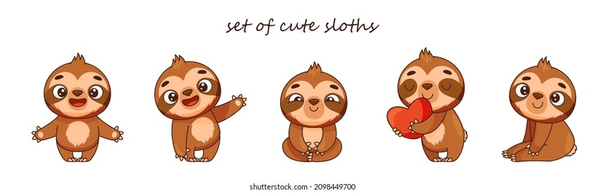 Set of cute sloth in different poses. A vector cartoon character stands, sits, hugs a heart. Set of elements for design, patterns and prints